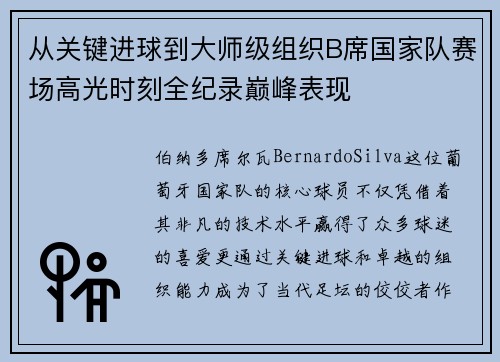 从关键进球到大师级组织B席国家队赛场高光时刻全纪录巅峰表现 从关键进球到大师级组织B席国家队赛场高光时刻全纪录巅峰表现