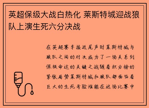 英超保级大战白热化 莱斯特城迎战狼队上演生死六分决战 英超保级大战白热化 莱斯特城迎战狼队上演生死六分决战